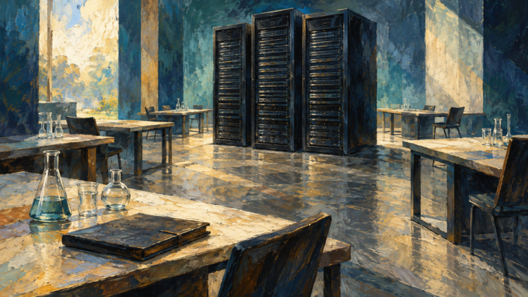 Conceptual painting of research worktables arranged around a shared bank of computing equipment.