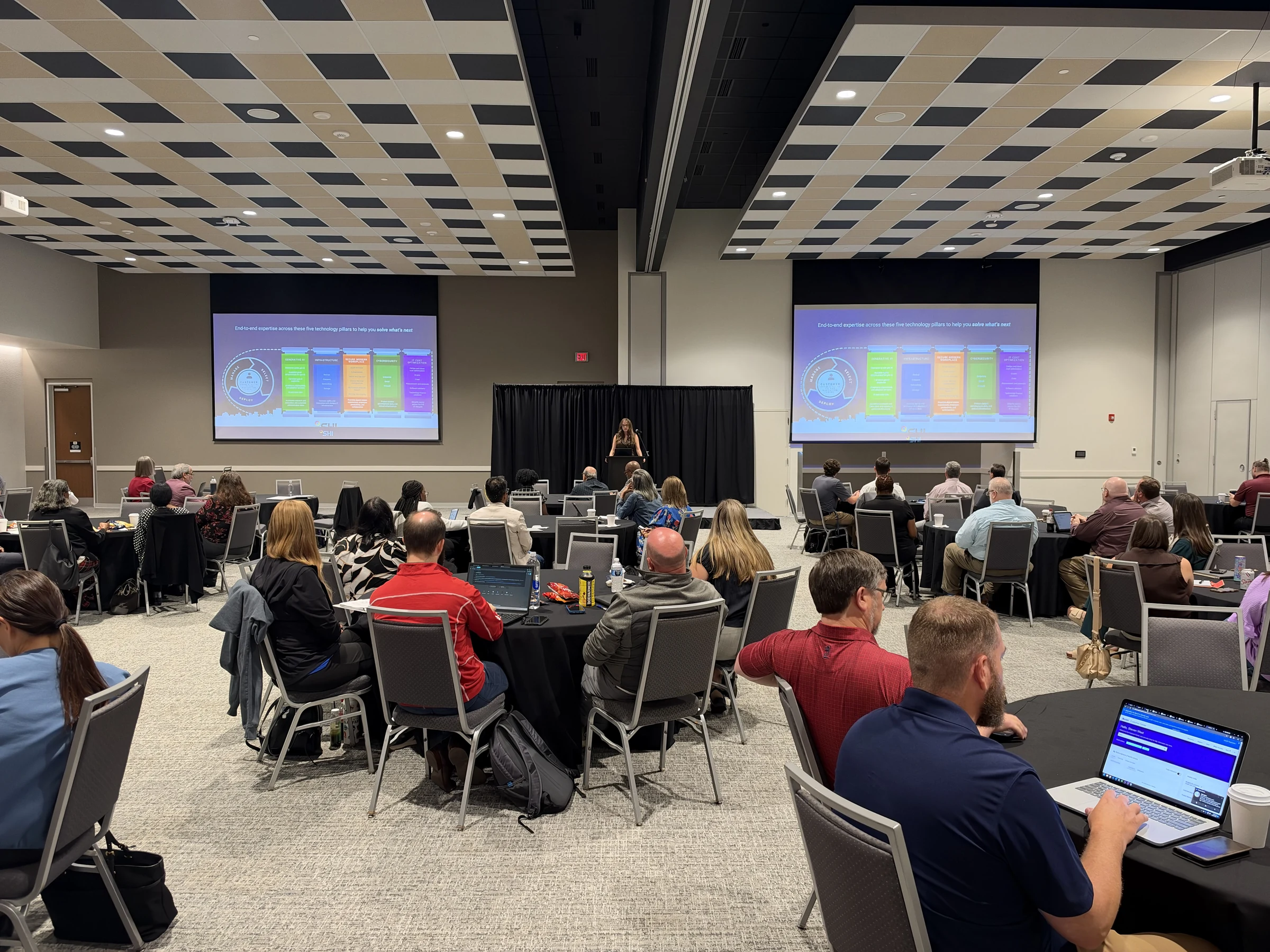Workshop attendees face a speaker and two screens displaying SHI’s technology service areas.